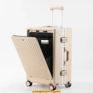 Aluminum Frame PC Luggage Suitcase with Silent Wheels & USB Port | TSA Lock, Phone Holder, Hidden Cup Holder | 20"/24" Travel Case (Black/White/Beige/Gray/Light Blue)  PAHX2408