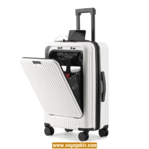 20/24/26 Inch ABS+PC Front-Opening Suitcase with TSA Lock & Charging Port, Silent Wheels, Foldable Cup Holder – Black/White/Gray (PZHX2309)